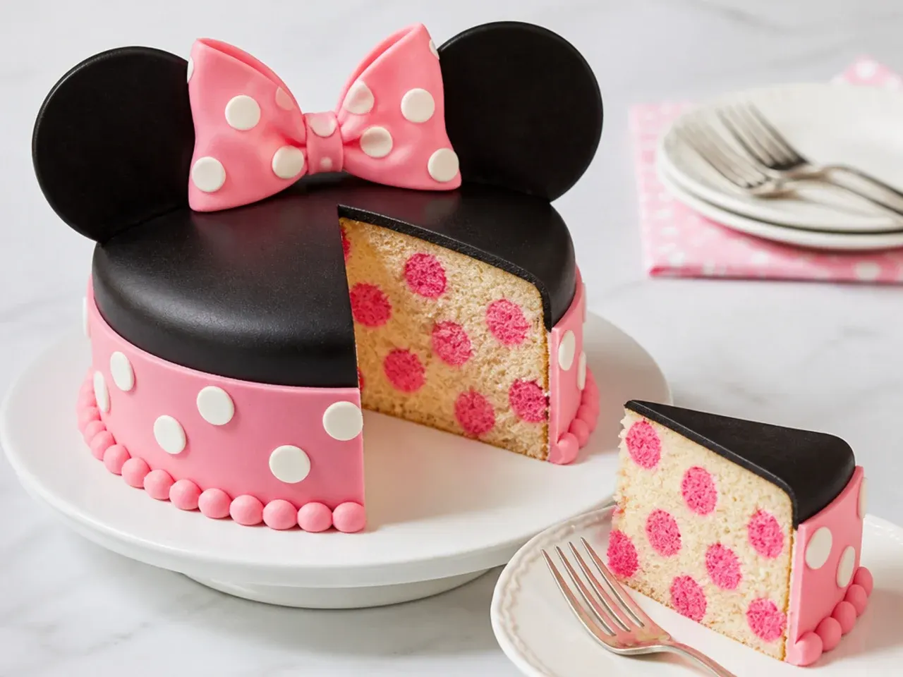Creative surprise-inside Minnie Mouse cake idea revealing pink polka dots baked into each slice