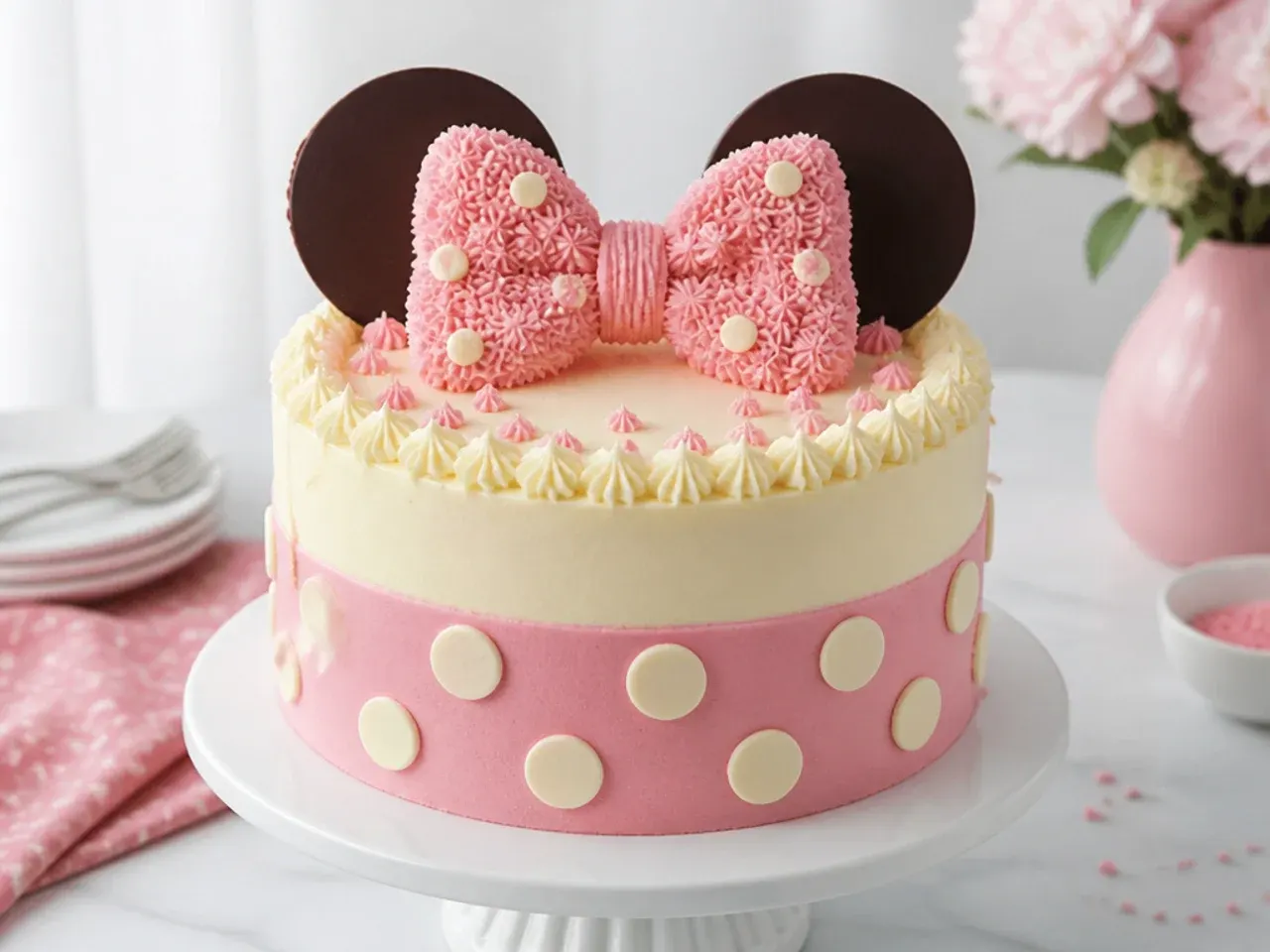 Fondant-free buttercream Minnie Mouse cake idea with piped bow, dots and chocolate ear shapes