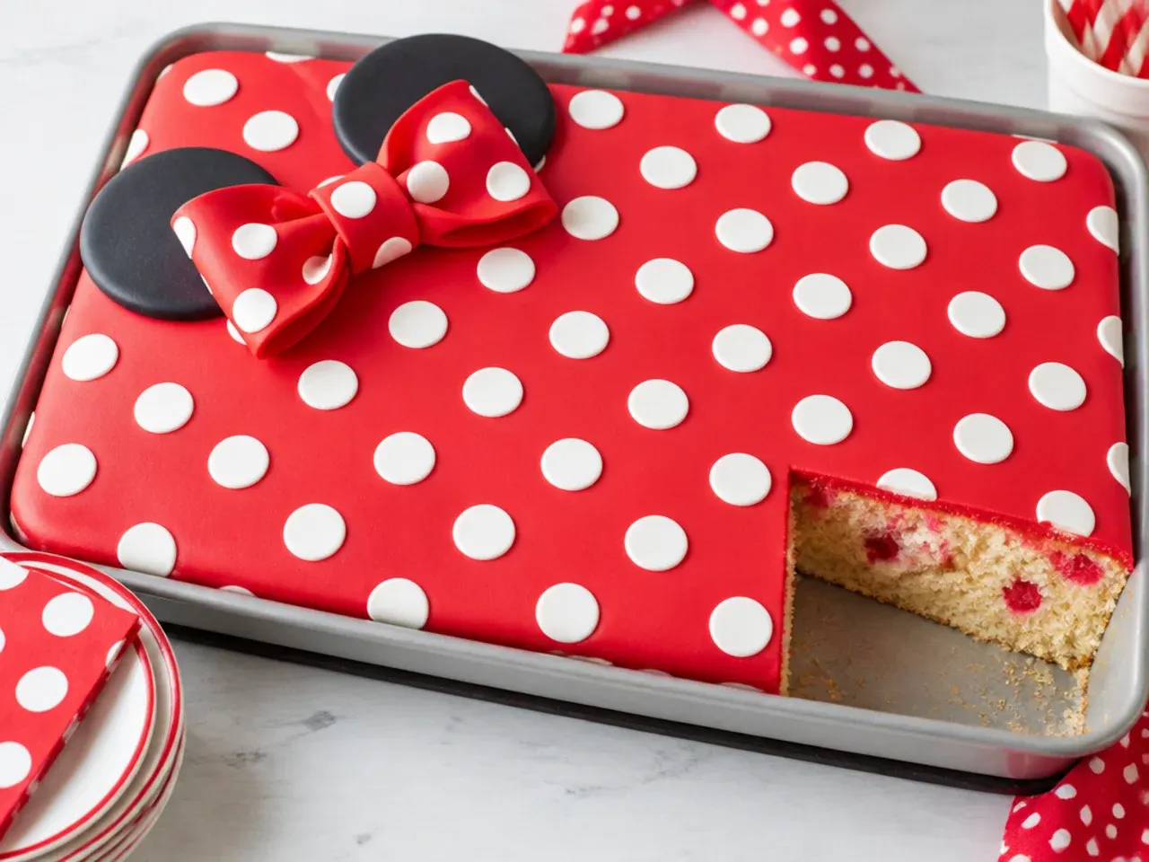Easy polka dot traybake Minnie Mouse cake idea for a crowd with a corner fondant bow