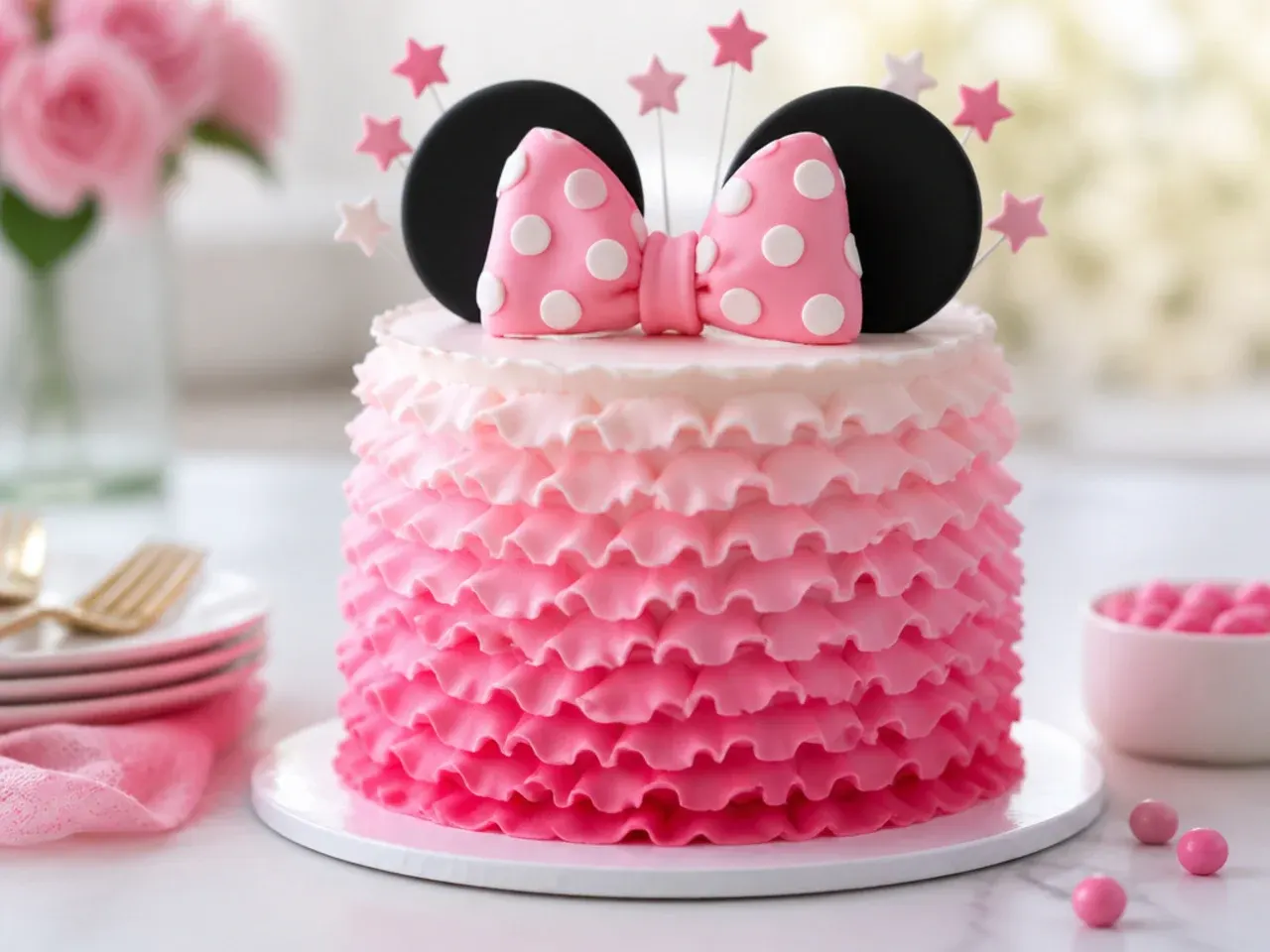 Elegant pink ombre ruffle Minnie Mouse cake idea piped with petal tip buttercream frills