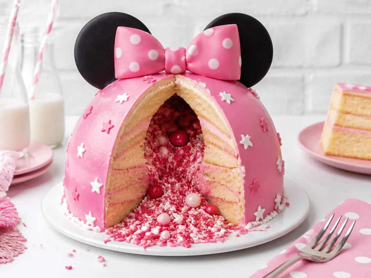 Playful pinata Minnie Mouse cake idea spilling red and pink sprinkles from a hidden core