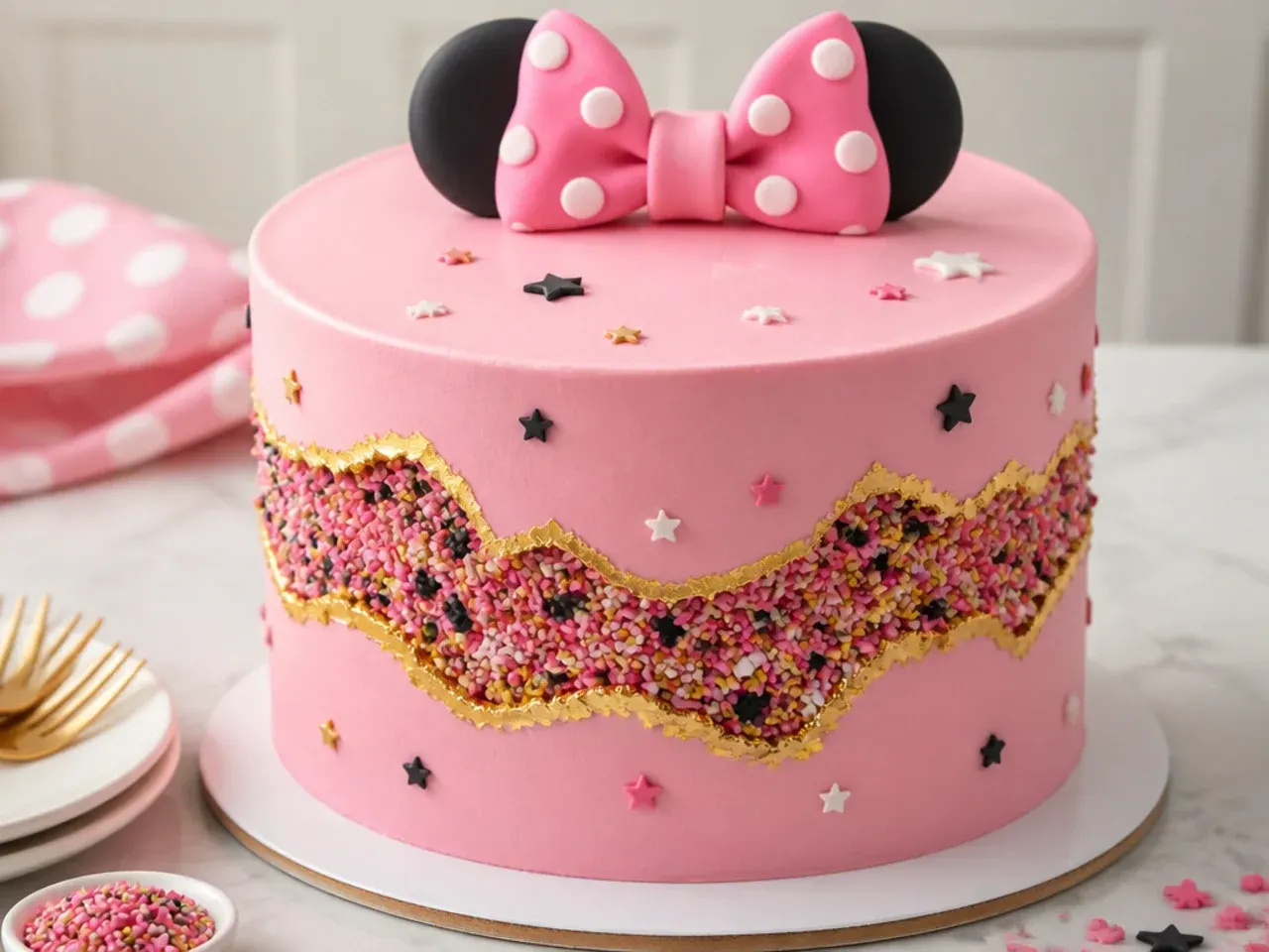 Modern fault line Minnie Mouse cake idea with an exposed sprinkle band and gold edges