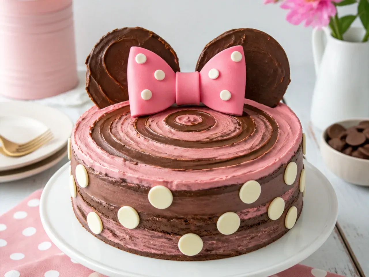 Rustic chocolate swirl Minnie Mouse cake idea with pink bow and white chocolate button dots