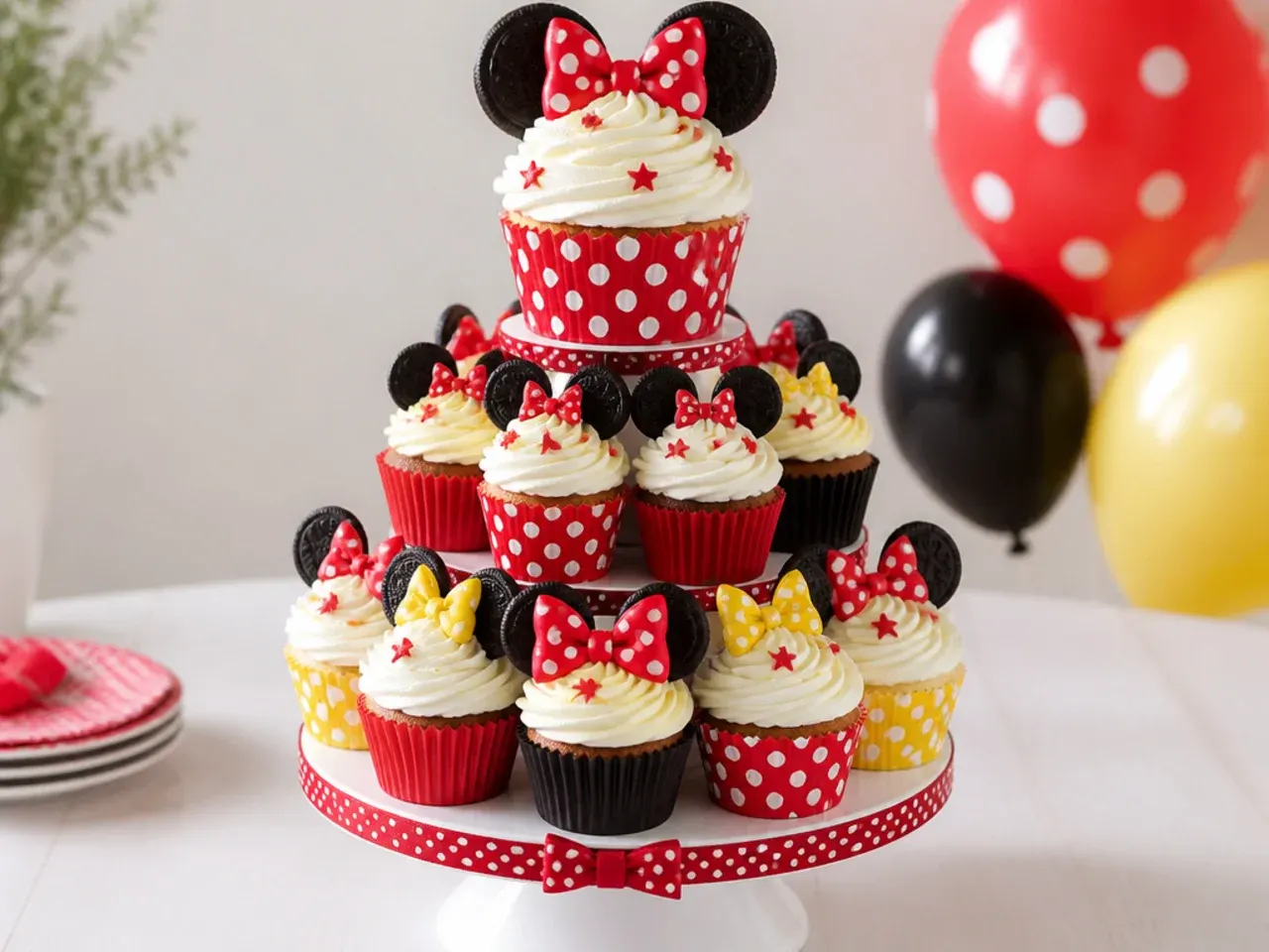 Colourful Minnie Mouse cupcake tower cake idea with cookie ears and mini fondant bows
