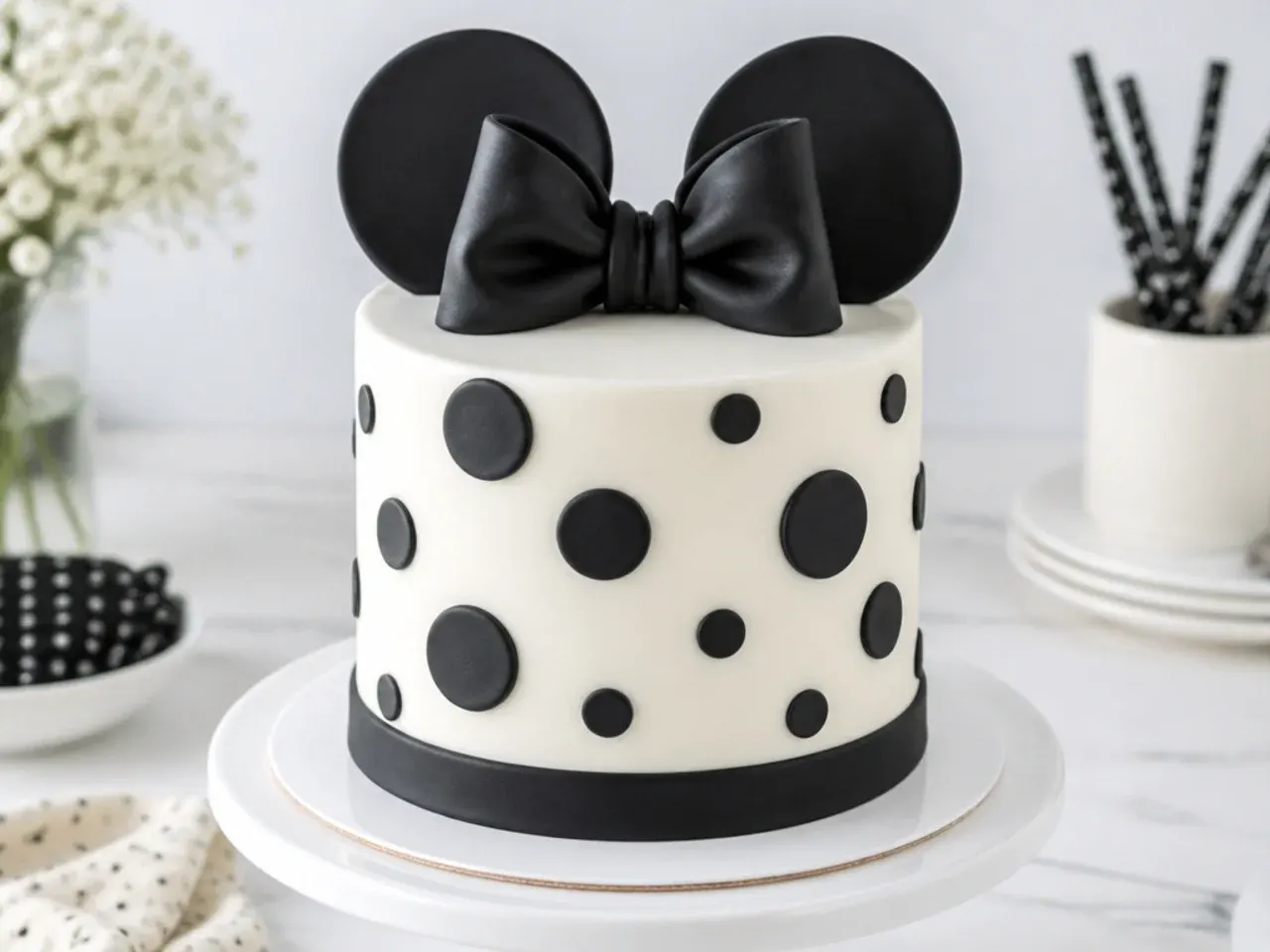 Minimal monochrome Minnie Mouse cake idea with black polka dots in three sizes and a black bow