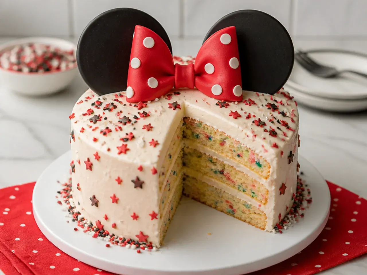 Festive funfetti Minnie Mouse cake idea with rainbow sprinkle layers and a red fondant bow