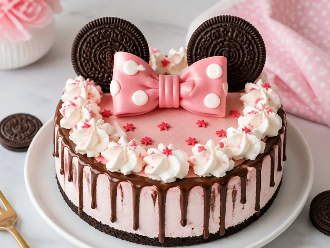 Whimsical no-bake ice cream Minnie Mouse cake idea with cookie ears and whipped cream dots