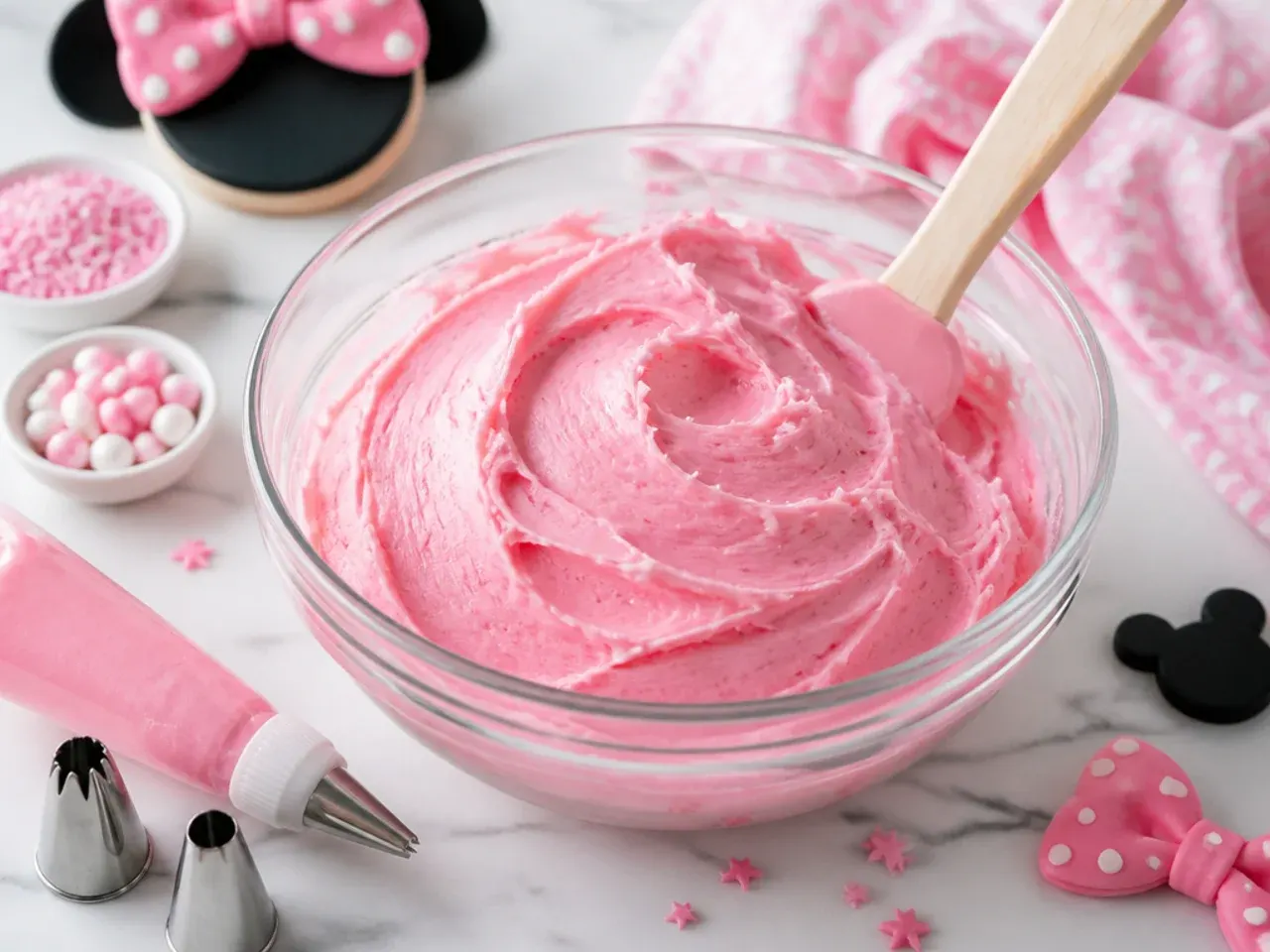 Baking tools and pink buttercream prepared for decorating Minnie Mouse cake ideas at home