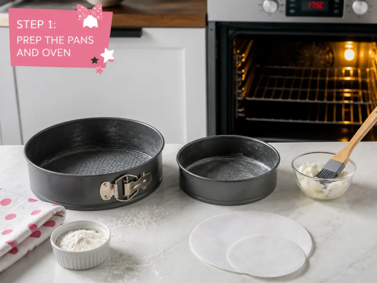minnie mouse cake topper — step 1: prep the pans and oven