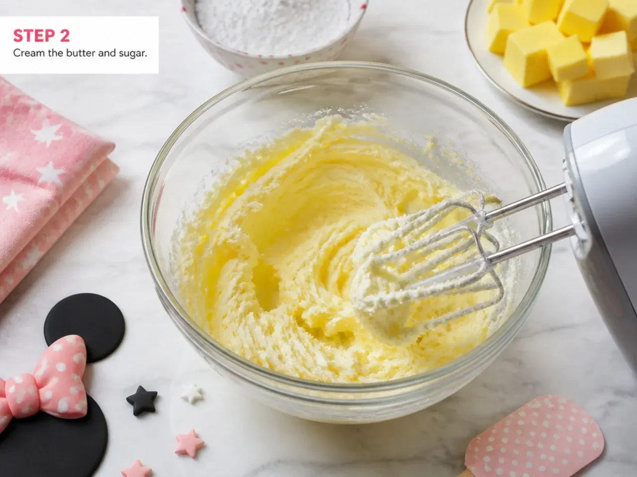 minnie mouse cake topper — step 2: cream the butter and sugar