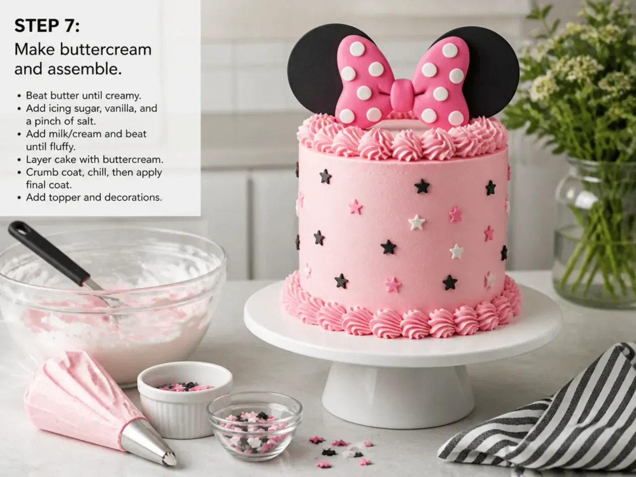 minnie mouse cake topper — step 7: make buttercream and assemble