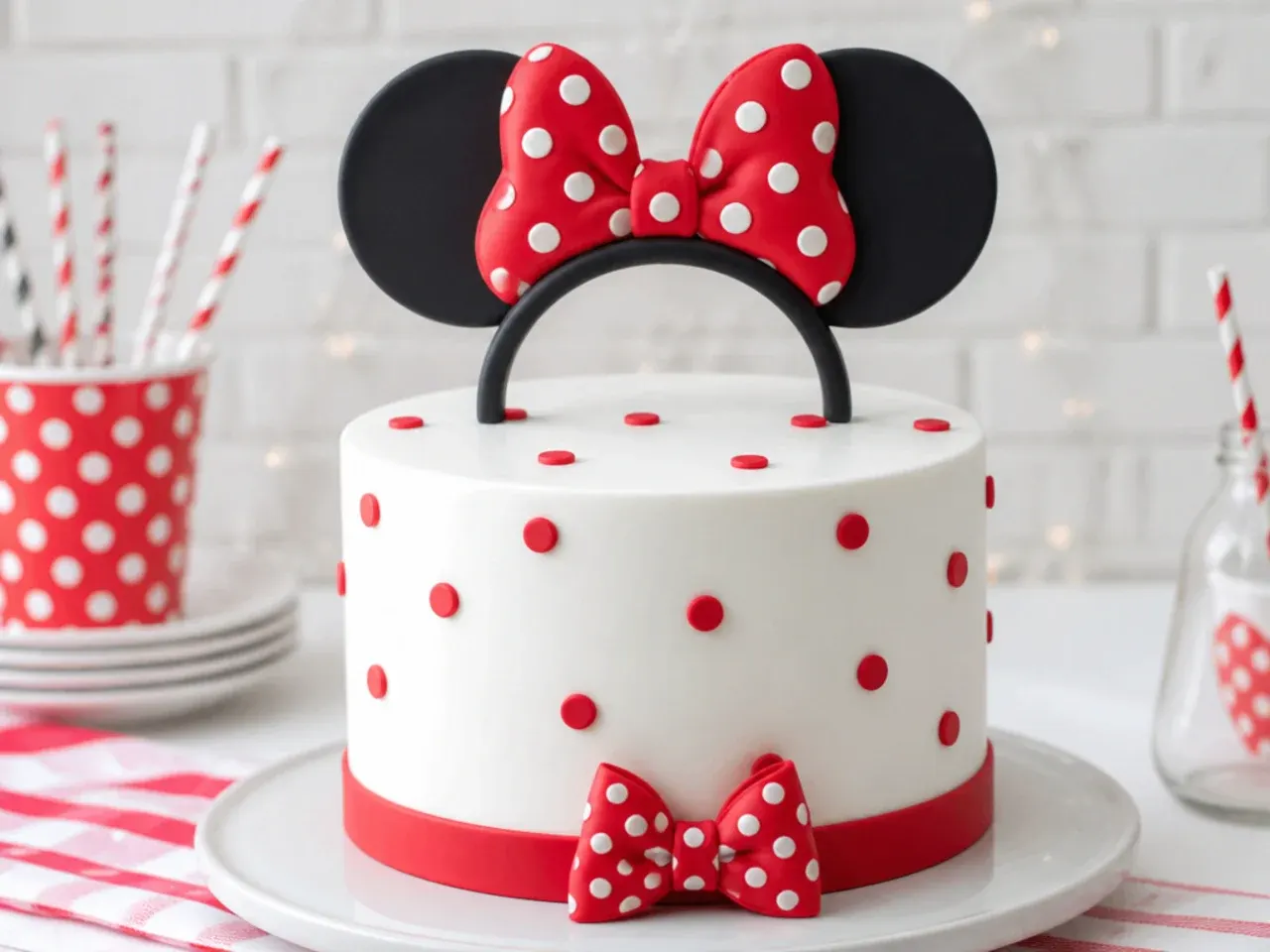 Classic Minnie Mouse cake topper with black ears and red polka-dot bow on a white cake
