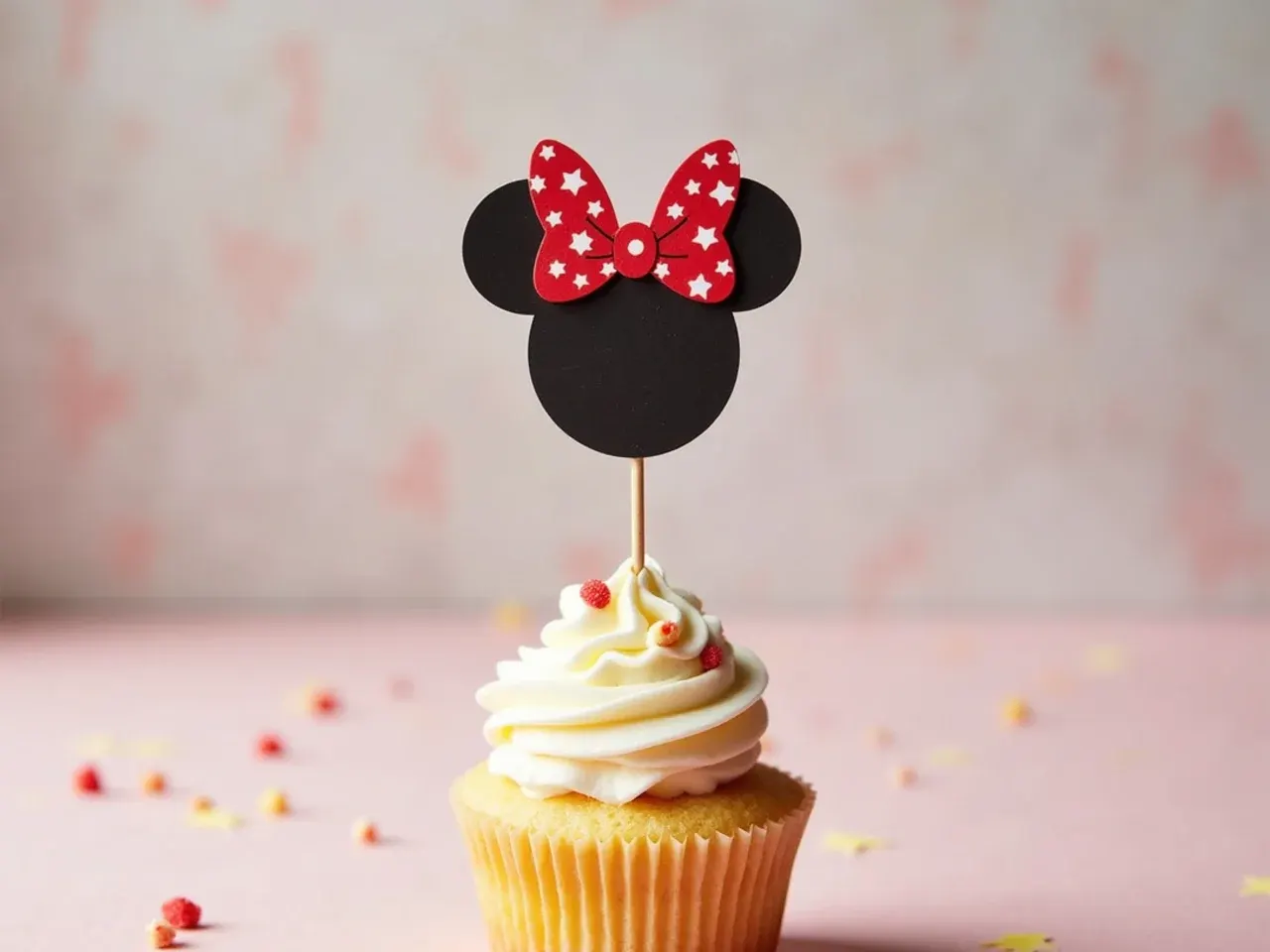 Easy printable paper Minnie Mouse cake topper on a skewer above buttercream