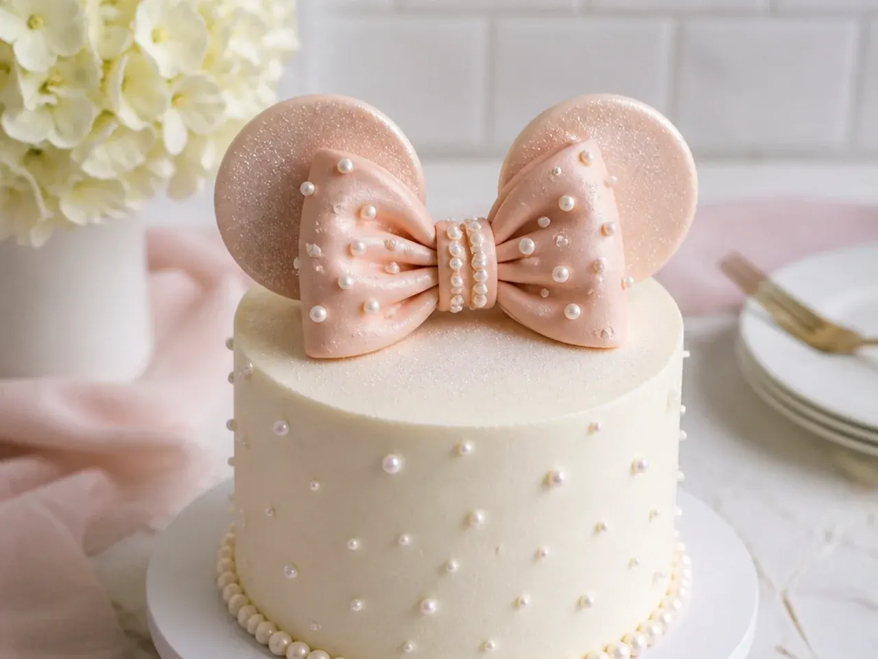 Elegant blush pearl-dusted Minnie Mouse inspired bow cake topper on ivory cake
