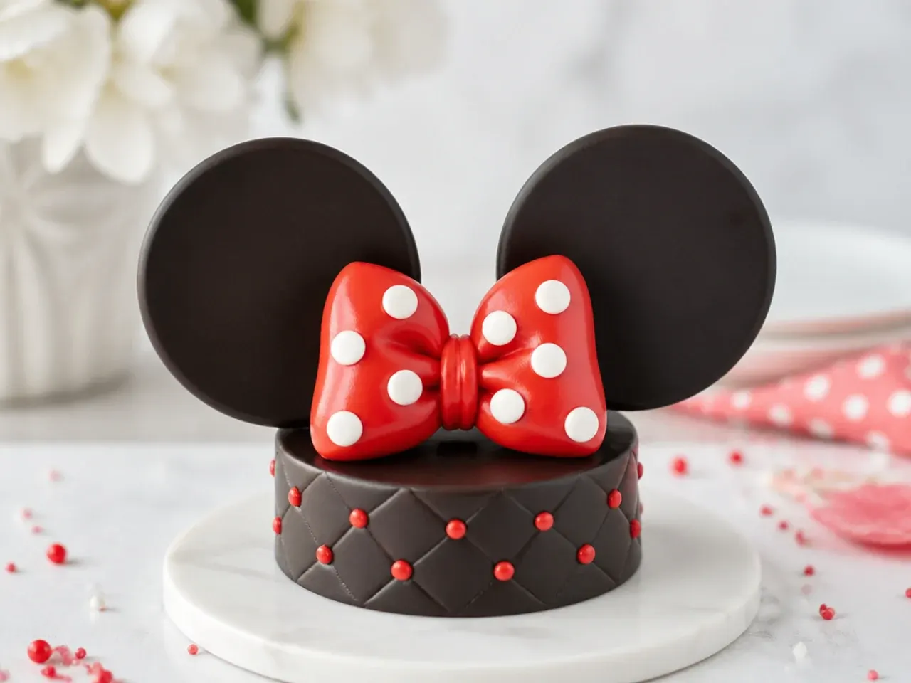 Playful 3D chocolate Minnie Mouse ears cake topper with red candy bow