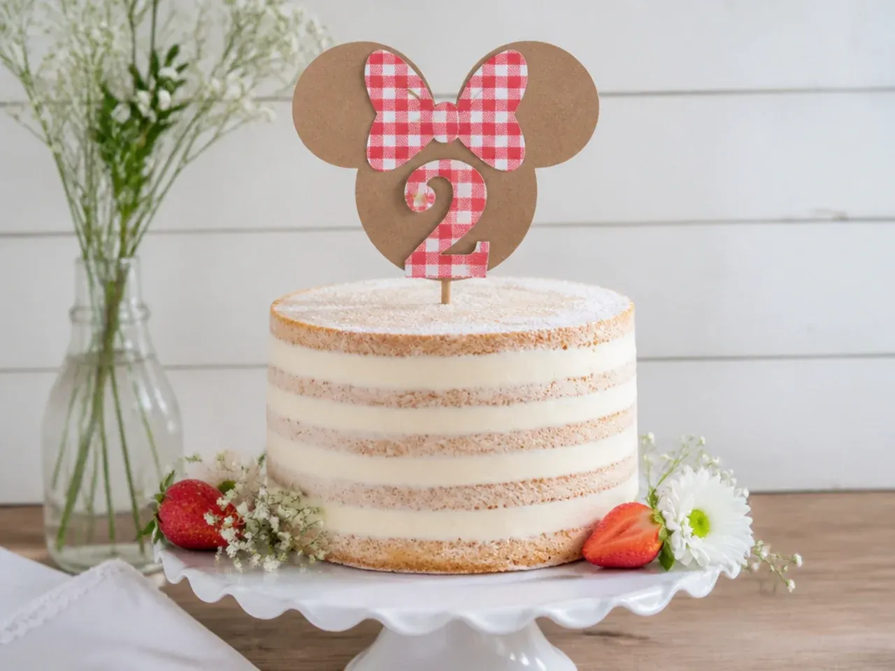 Rustic kraft card Minnie Mouse inspired topper with gingham bow on a naked cake