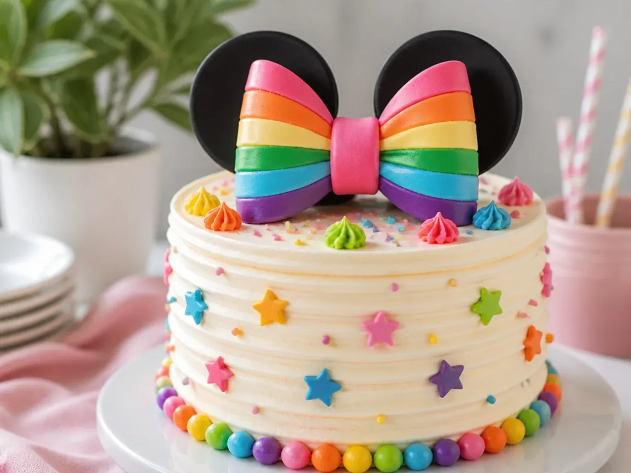 Colorful rainbow-striped Minnie Mouse bow cake topper on a bright layer cake