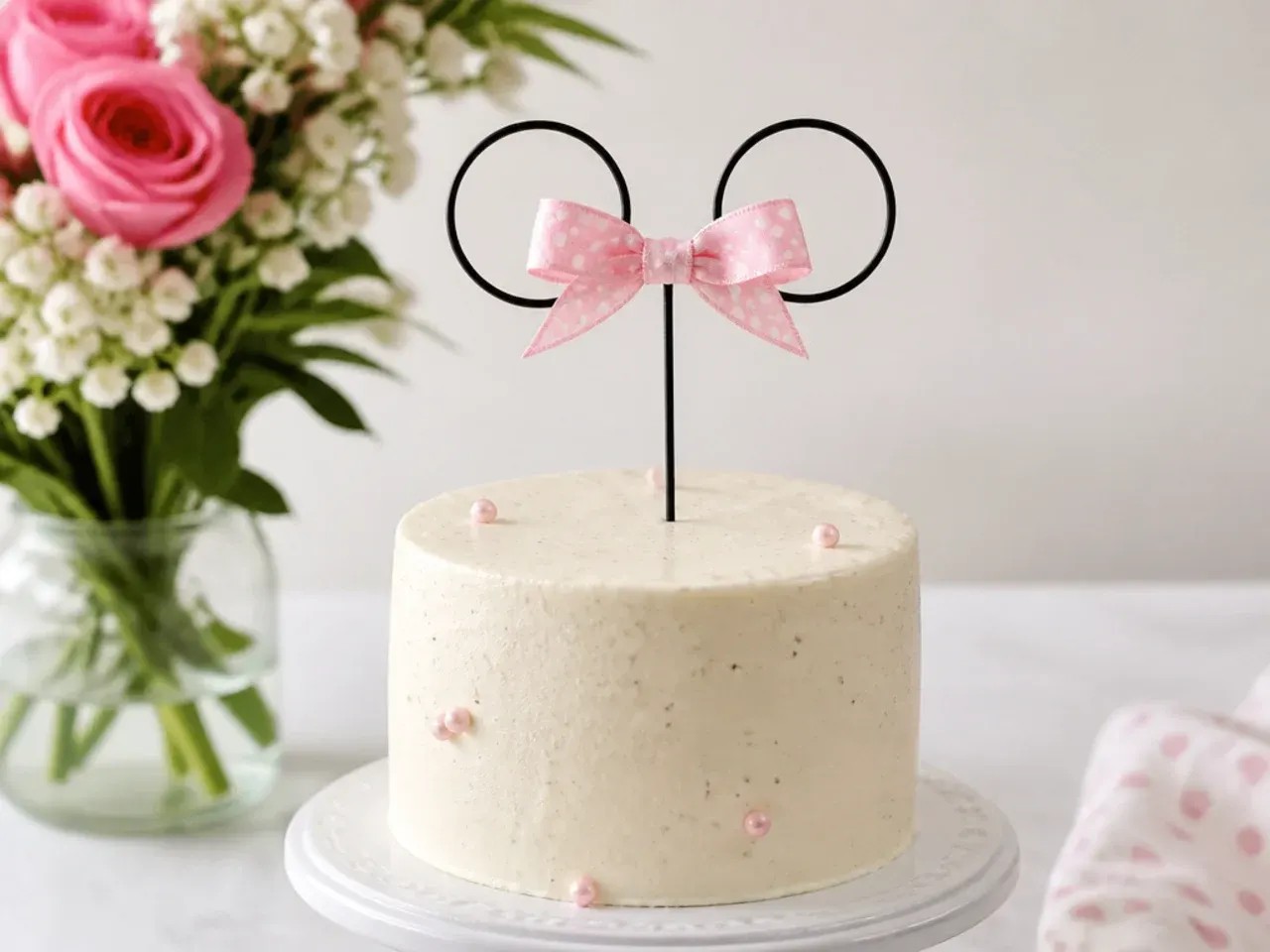 Minimal wire and ribbon Minnie Mouse ears cake topper standing on a small cake