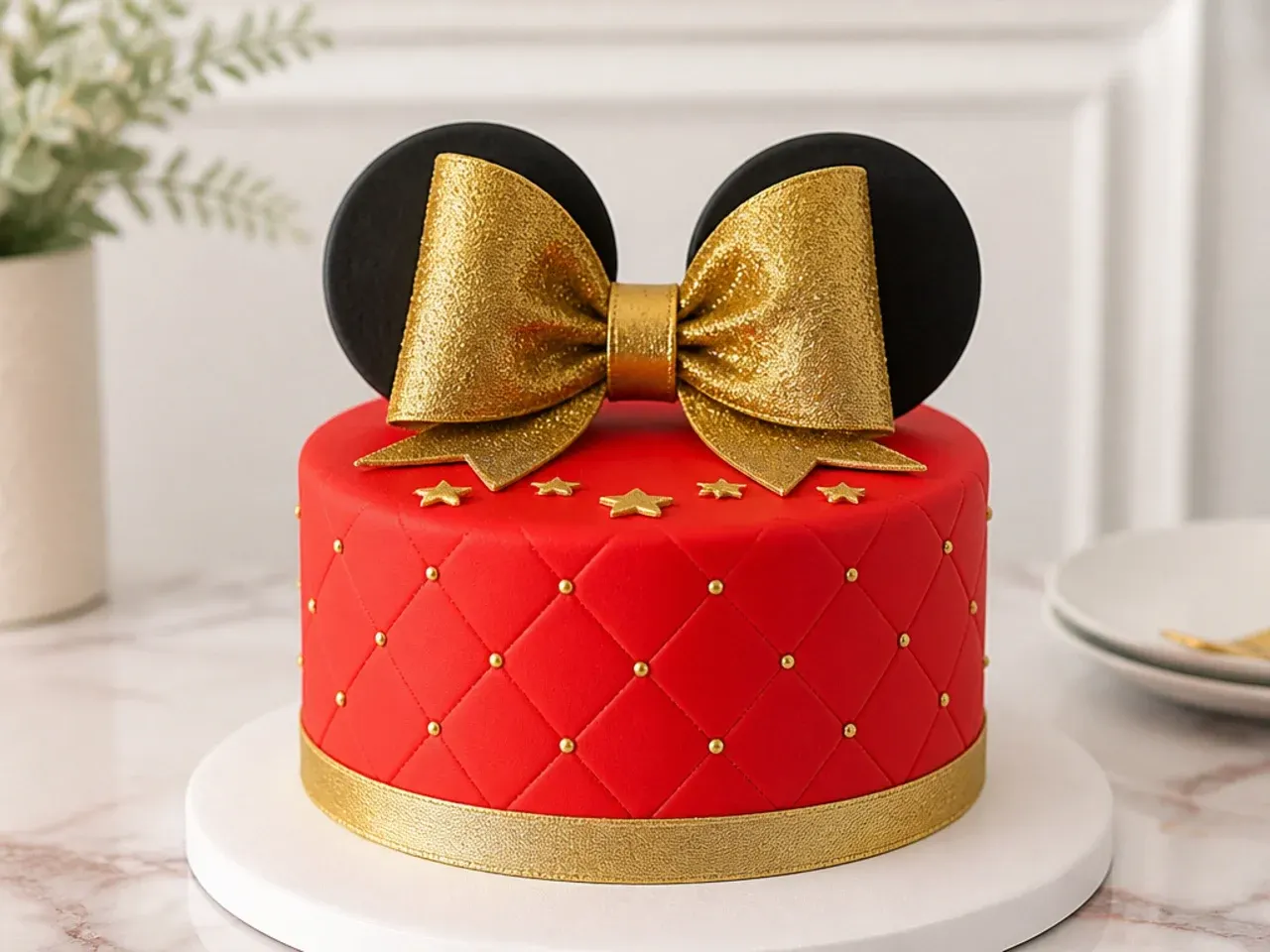 Festive gold-glitter Minnie Mouse inspired bow cake topper on a red and gold cake