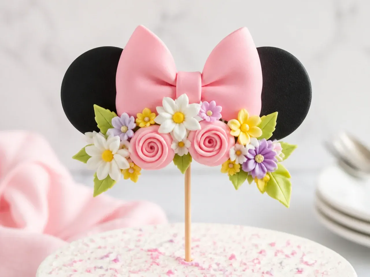 Whimsical floral crown Minnie Mouse cake topper with sugar flowers and a bow