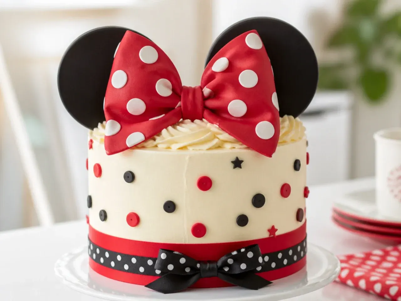 Bold oversized polka-dot Minnie Mouse bow cake topper spanning the top of a cake