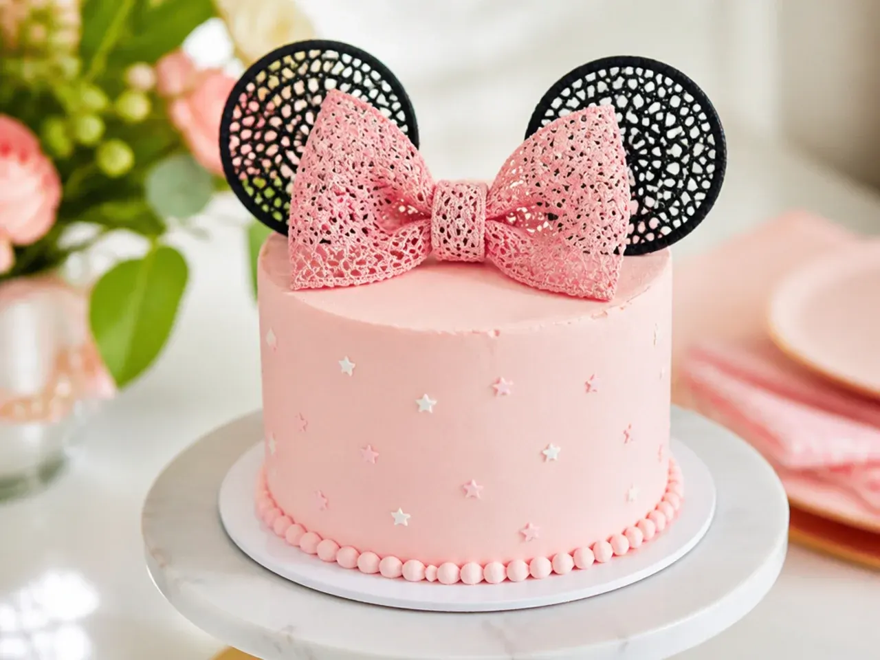 Delicate lace-textured Minnie Mouse inspired bow cake topper on a pale pink cake