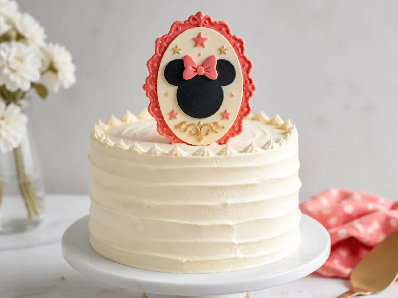 Vintage cameo-style Minnie Mouse inspired plaque cake topper on a cream cake