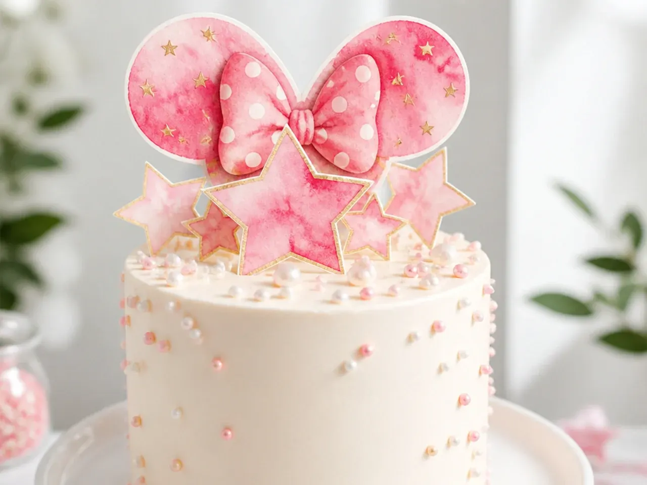 Creative watercolor wafer-paper Minnie Mouse inspired cake topper in pink washes