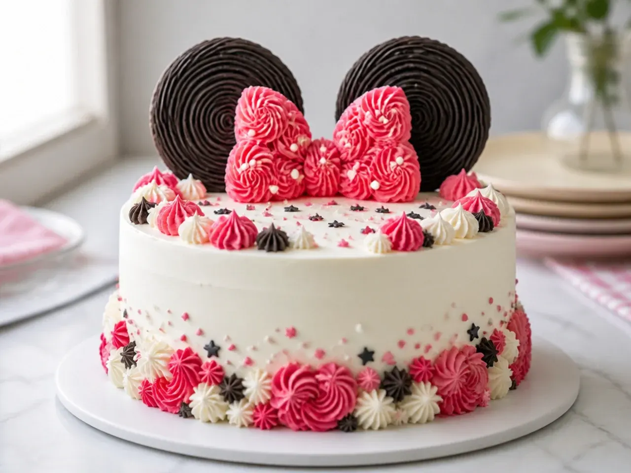 Charming buttercream-piped Minnie Mouse inspired ears and bow cake topper