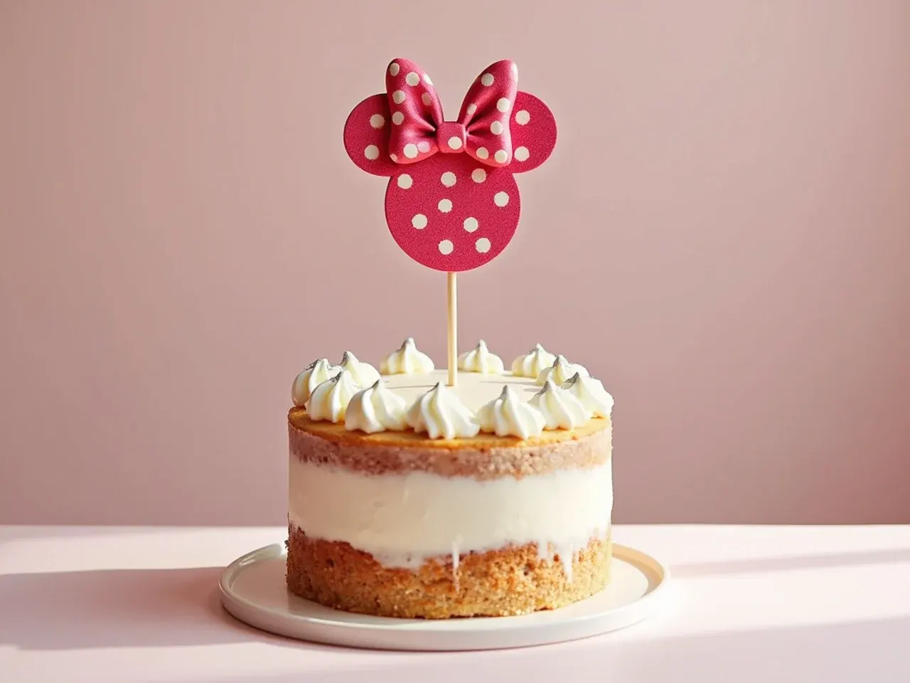 Classic standing polka-dot Minnie Mouse bow topper rising above a birthday cake