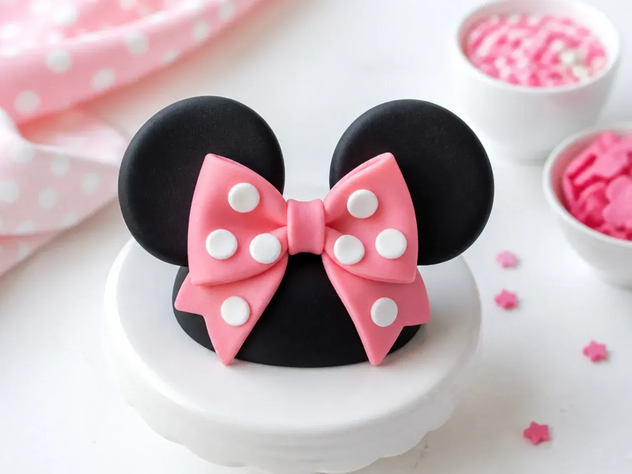 Easy cookie-cutter fondant Minnie Mouse inspired ears and bow cake topper