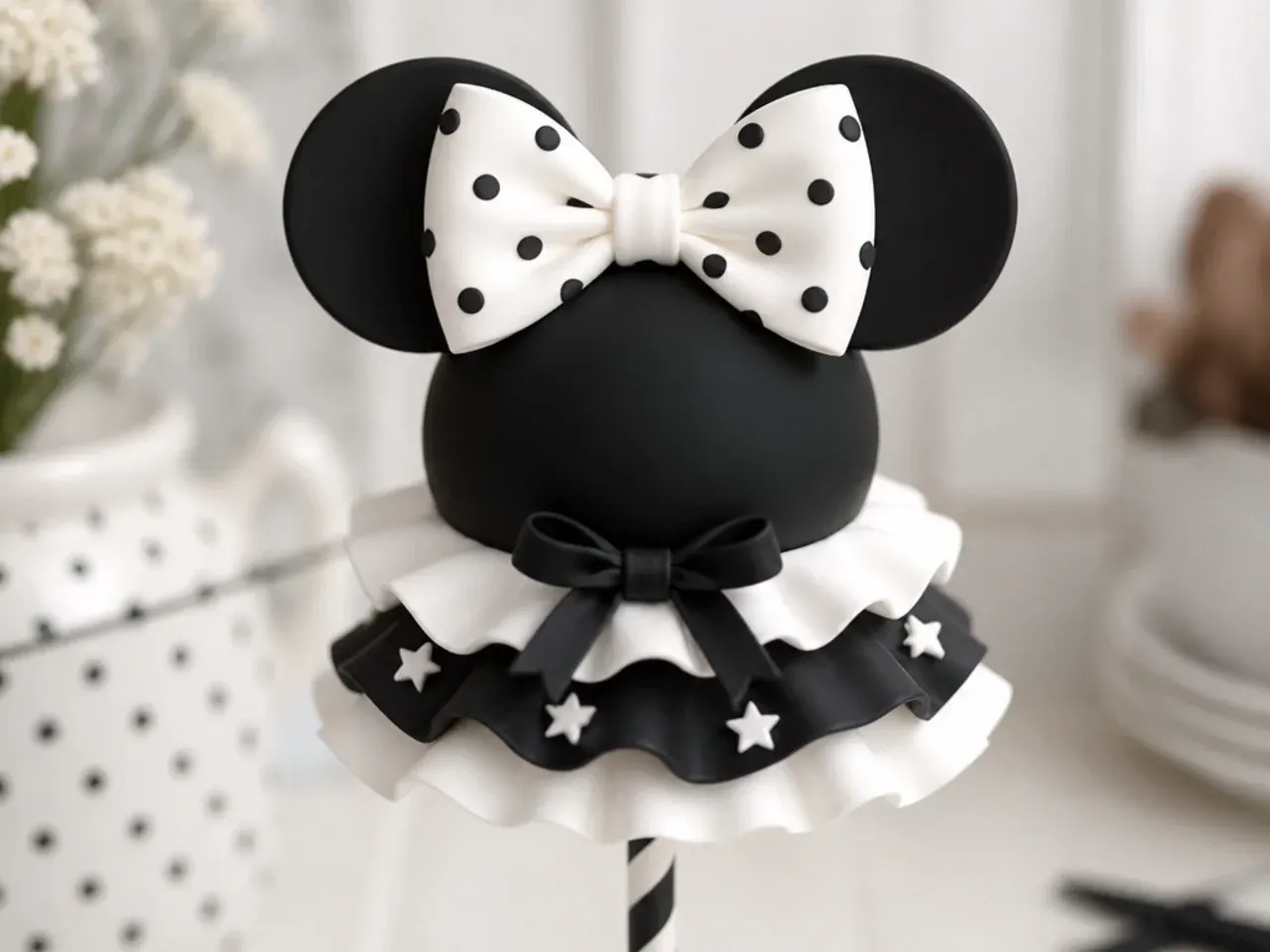 Elegant black and white monochrome Minnie Mouse inspired bow cake topper