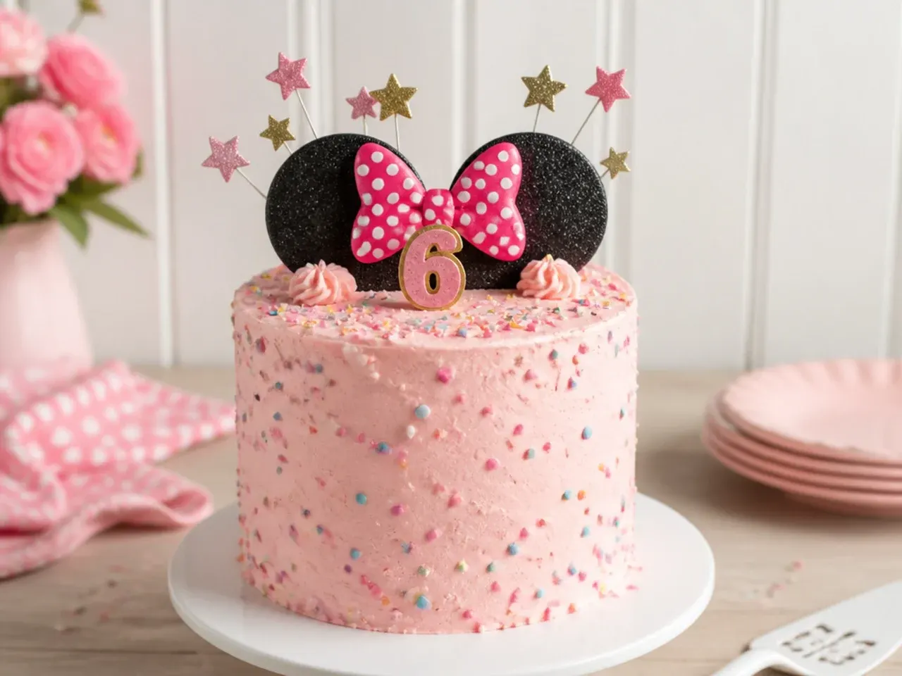 Playful confetti cake ears Minnie Mouse inspired 3D topper on a birthday cake