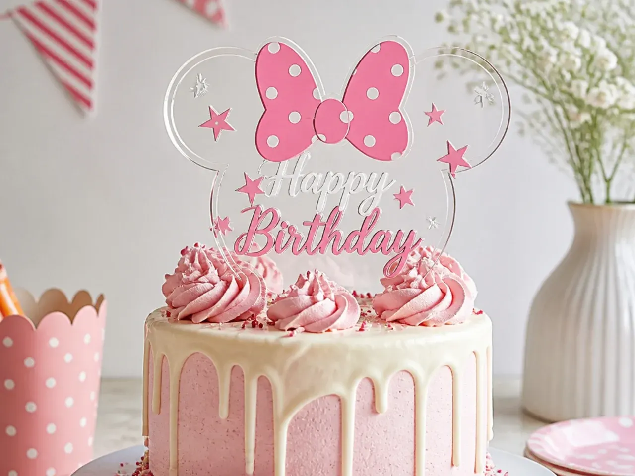Modern acrylic-look clear sugar Minnie Mouse inspired cake topper with pink motif