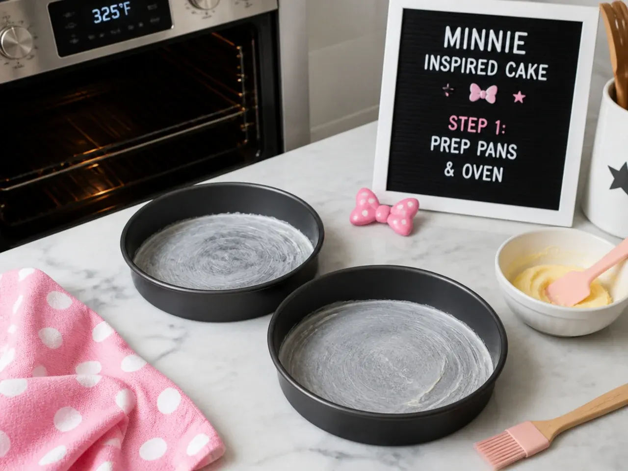 minnie mouse cake vs bakery — step 1: prep pans and oven