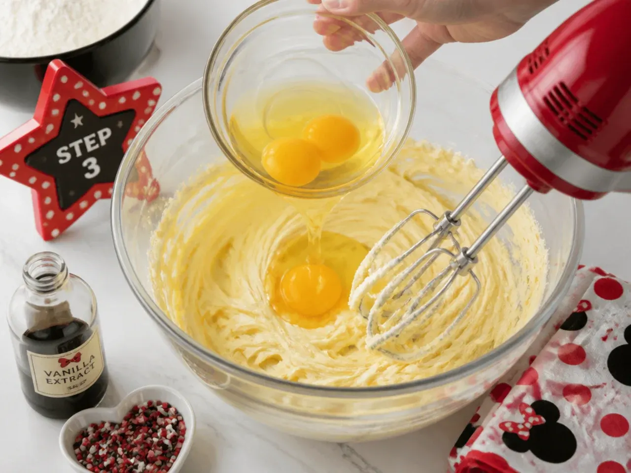 minnie mouse cake vs bakery — step 3: add eggs and vanilla
