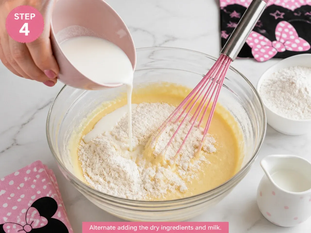 minnie mouse cake vs bakery — step 4: alternate dry and milk