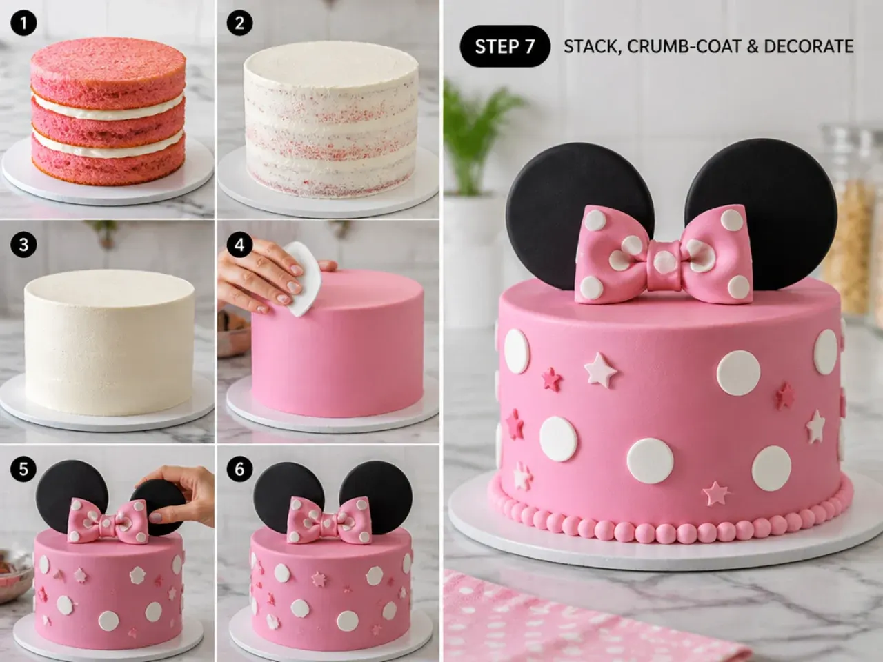 minnie mouse cake vs bakery — step 7: stack, crumb-coat, and decorate