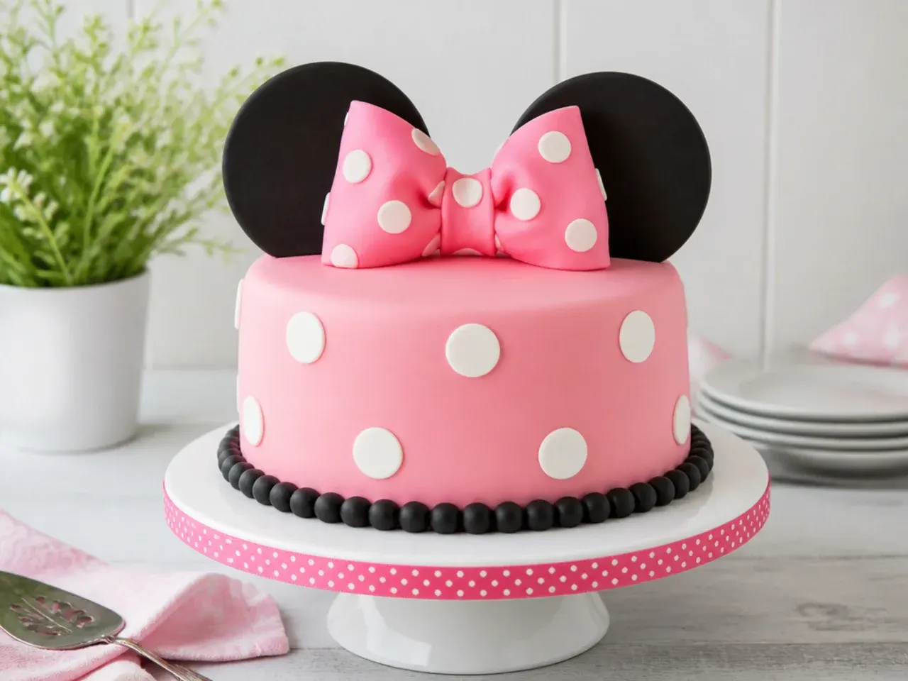 Homemade Minnie Mouse inspired cake with pink polka-dot bow and black ear rounds on a stand