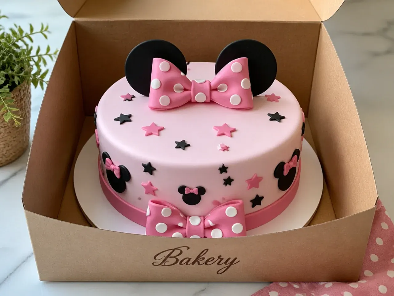 Bakery-decorated Minnie Mouse themed cake with smooth fondant finish in a box ready for pickup