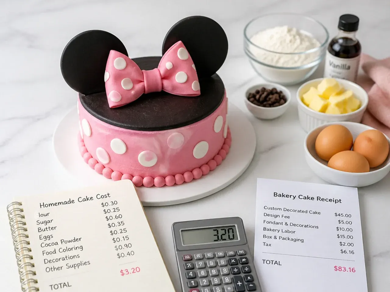 Cost comparison of homemade vs bakery Minnie Mouse cake with ingredients and a receipt