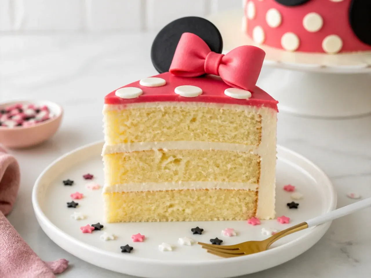 Slice of moist Minnie Mouse cake showing fluffy vanilla crumb and buttercream layers