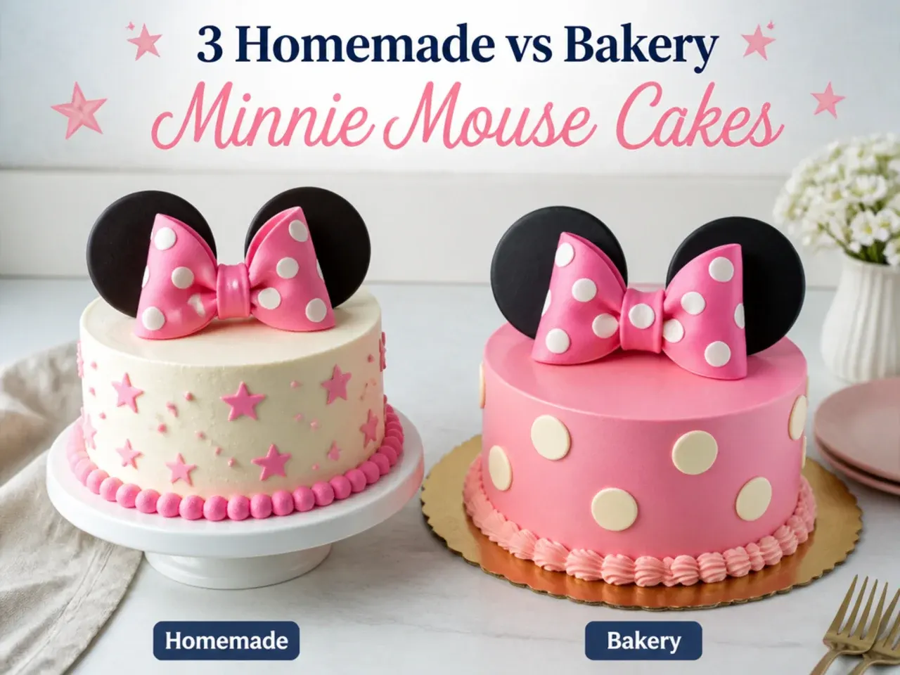 Homemade and bakery Minnie Mouse cakes side by side to help decide the best choice