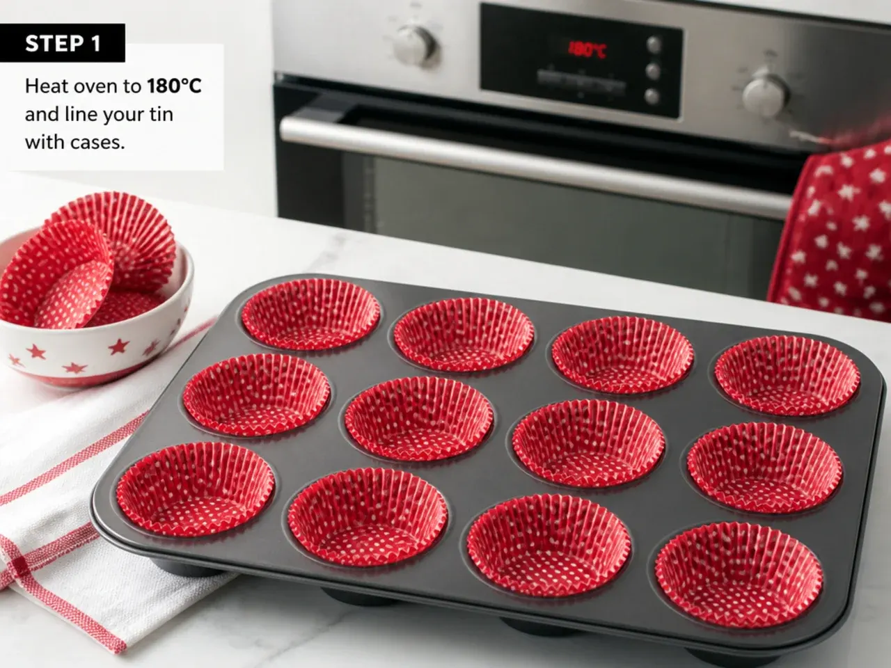 minnie mouse cupcakes — step 1: heat oven and prep the tin