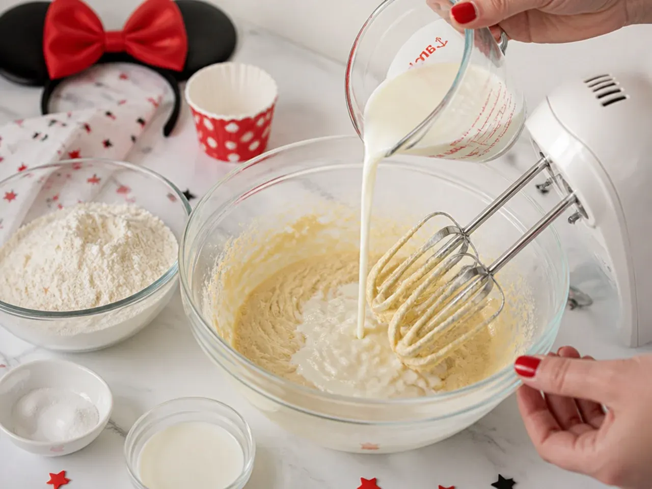 minnie mouse cupcakes — step 4: alternate flour and milk