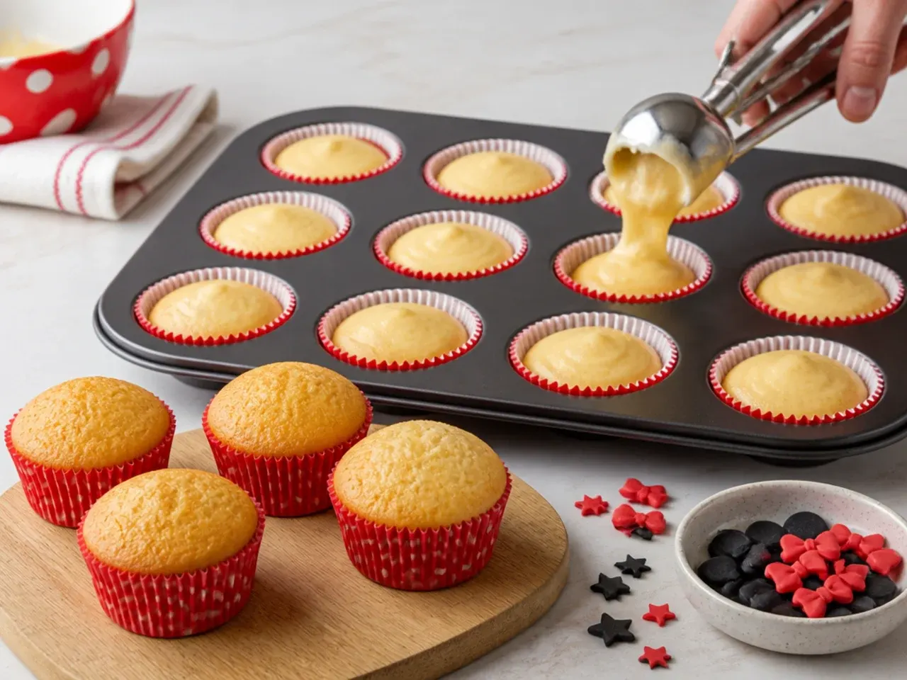 minnie mouse cupcakes — step 5: fill and bake