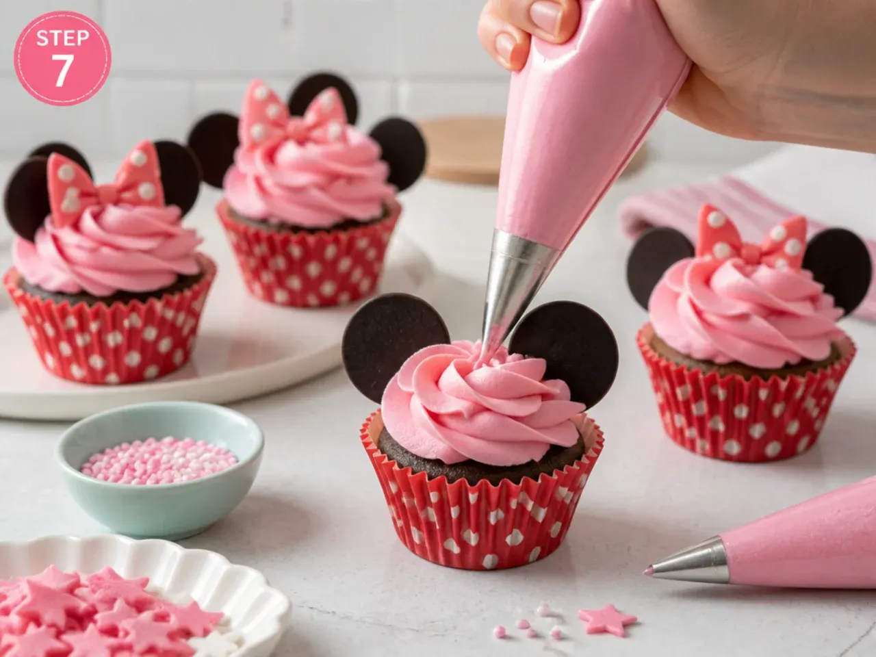 minnie mouse cupcakes — step 7: pipe and decorate