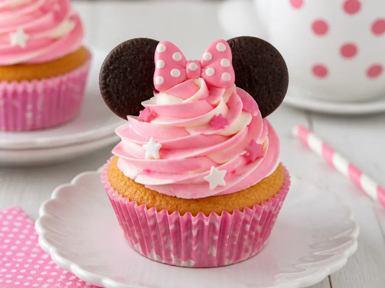 Classic pink swirl Minnie Mouse cupcakes with mini cookie ears