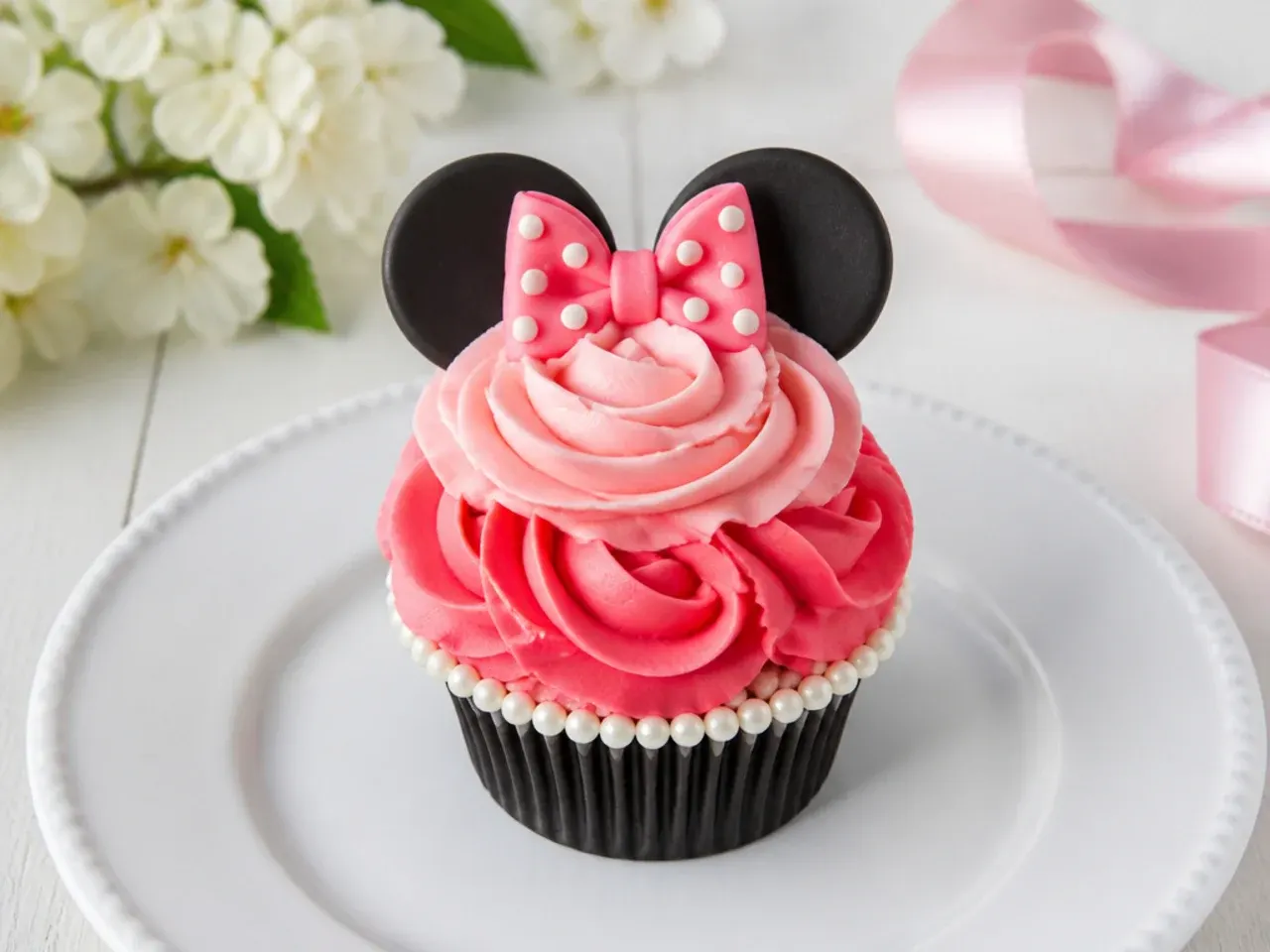 Elegant rosette Minnie Mouse cupcakes with pearl trim