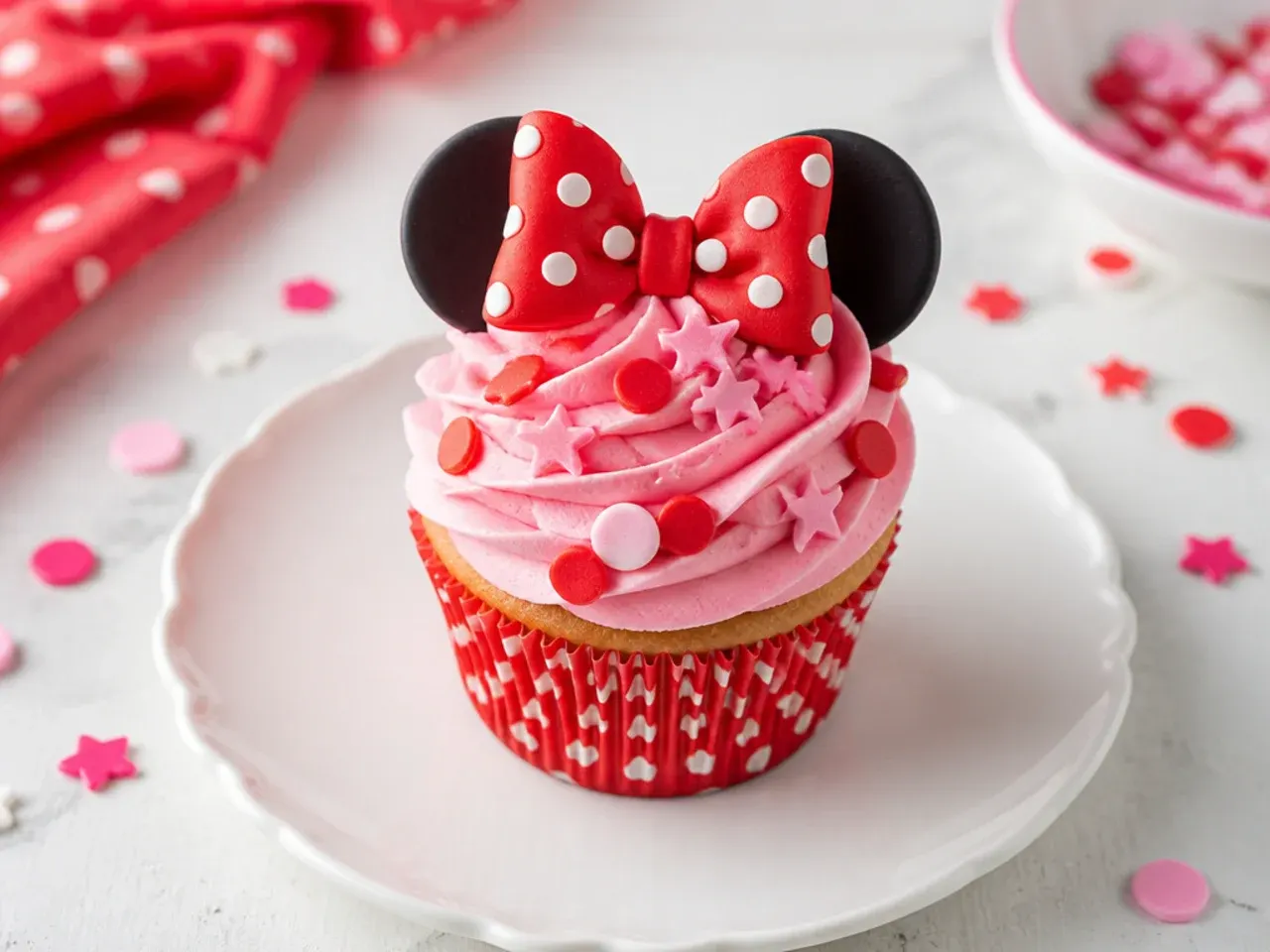 Playful polka-dot Minnie Mouse cupcakes in red and pink